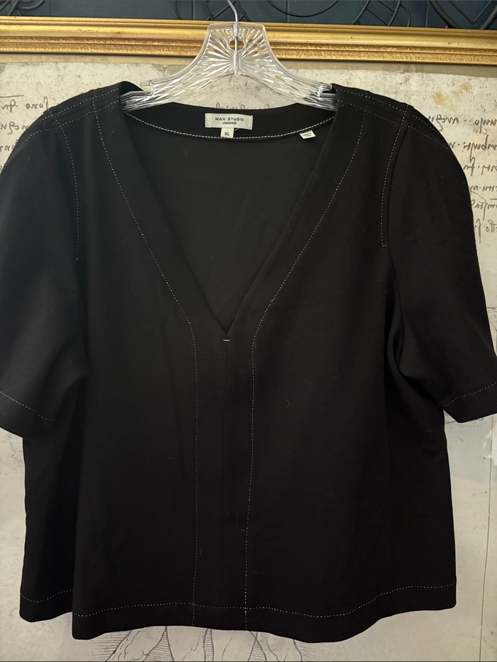 Max Studio Black V-Neck Top with Contrast Stitching
